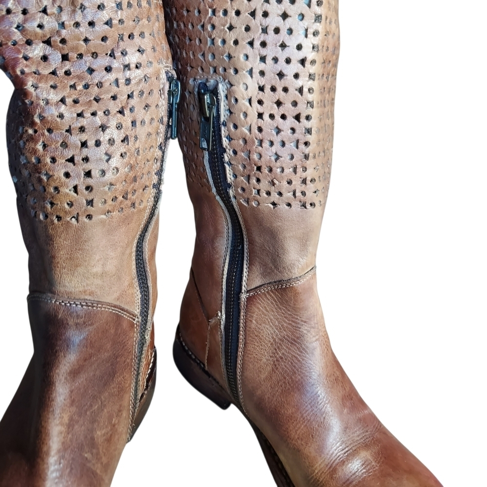 Bed Stu Cambridge Tan Brown Leather Cutout Knee-High Riding Boots - Picture 5 of 14